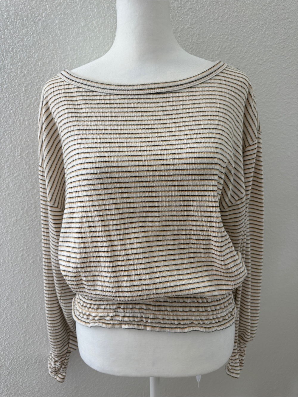 LOFT Cream and Tan Striped Boatneck Pullover